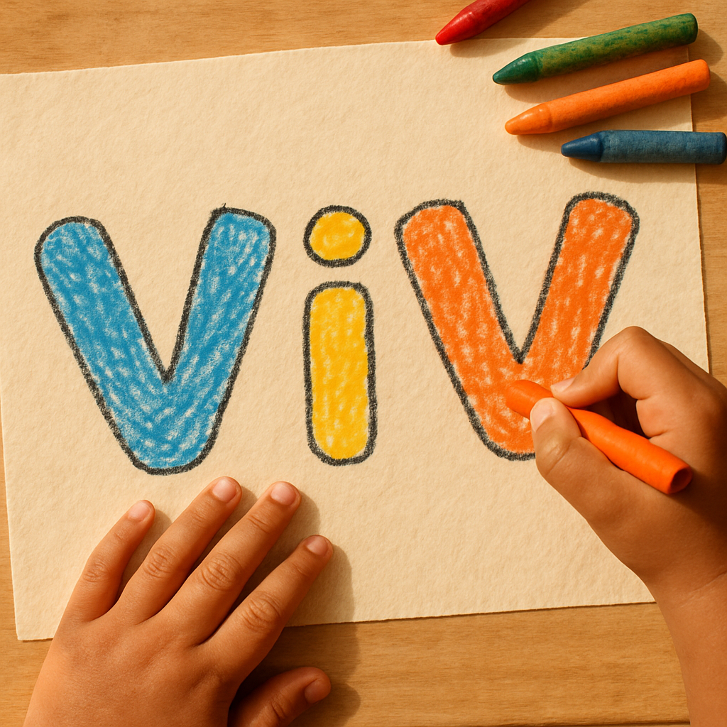 A child's hands coloring the letters ViV with crayon on craft paper.