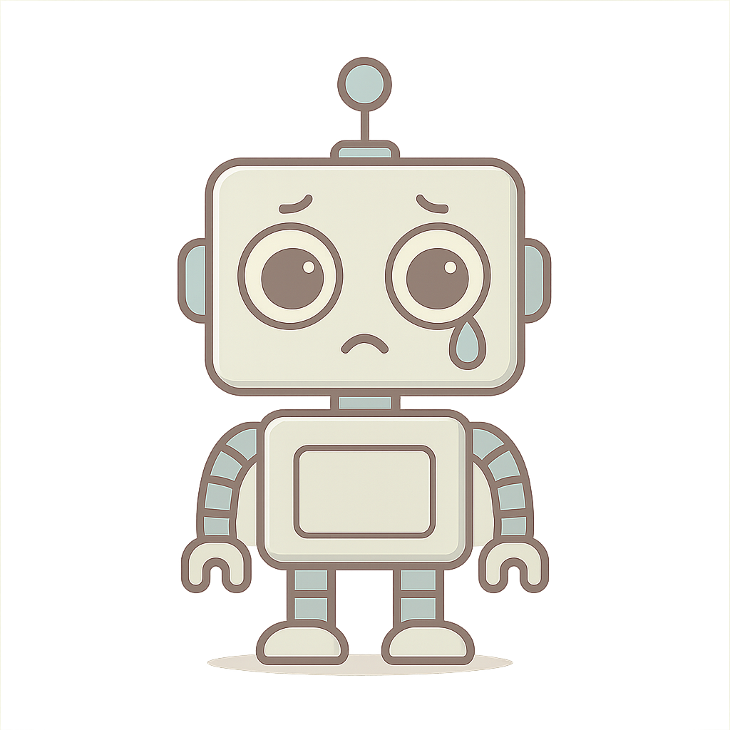 A cartoony sad robot with a single tear, surrounded by logo attempts that didn't quite land.